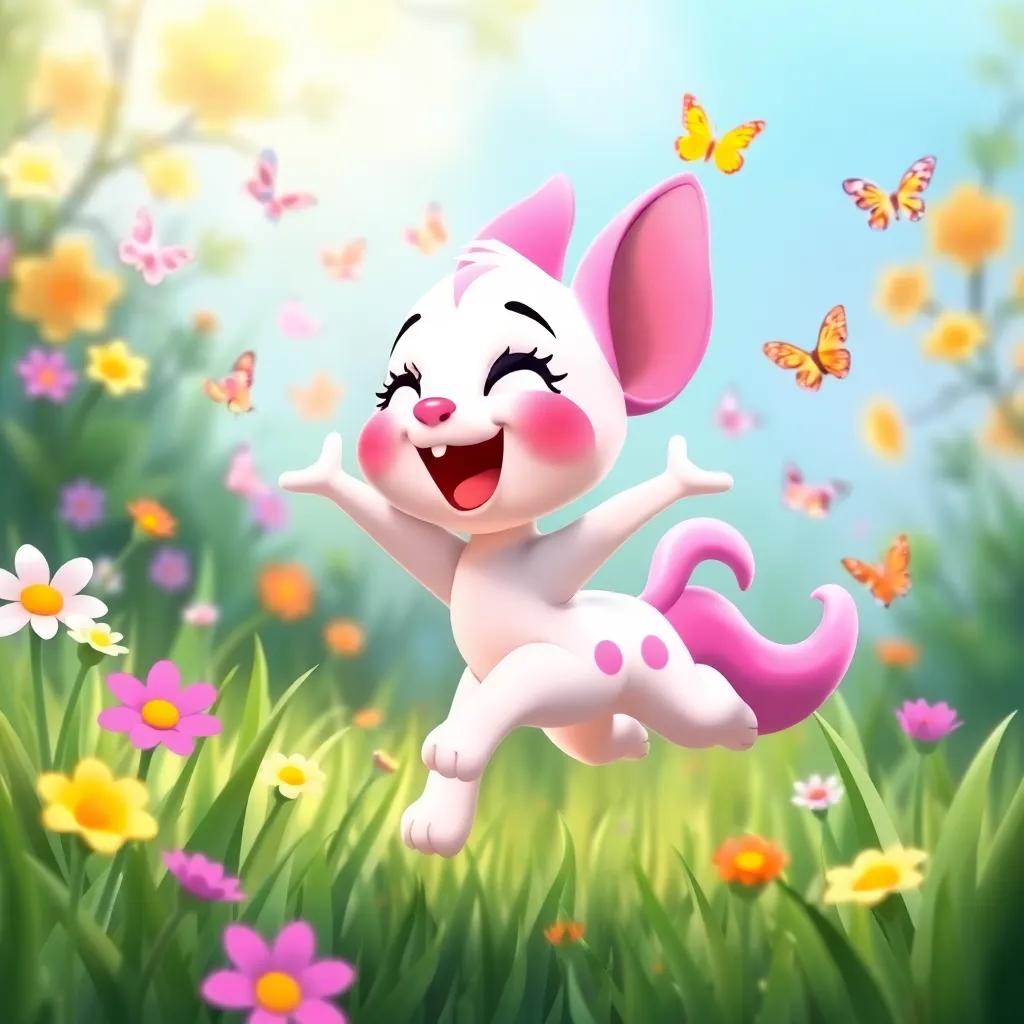 Bella bouncing energetically through green grass, singing a little song with joy, surrounded by colorful flowers and butterflies, cheerful, vibrant colors, fantasy style, child-friendly