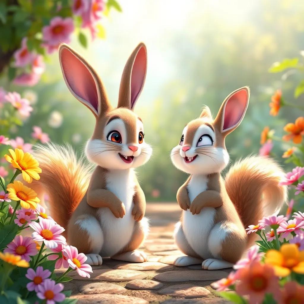 Bella, the bunny, with Sammy the squirrel, fluffy and playful, chatting happily in the garden, with vibrant flowers around them, wonderful light, lively atmosphere, colorful, fairy tale