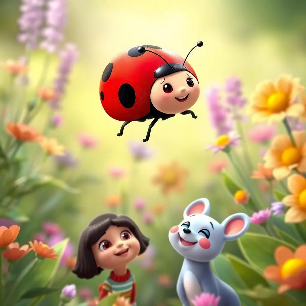 Lucy the ladybug, tiny and red with black spots, flying joyfully around the garden, with Bella and Sammy below looking up and smiling, bright colors, magical moment, fun and friendly