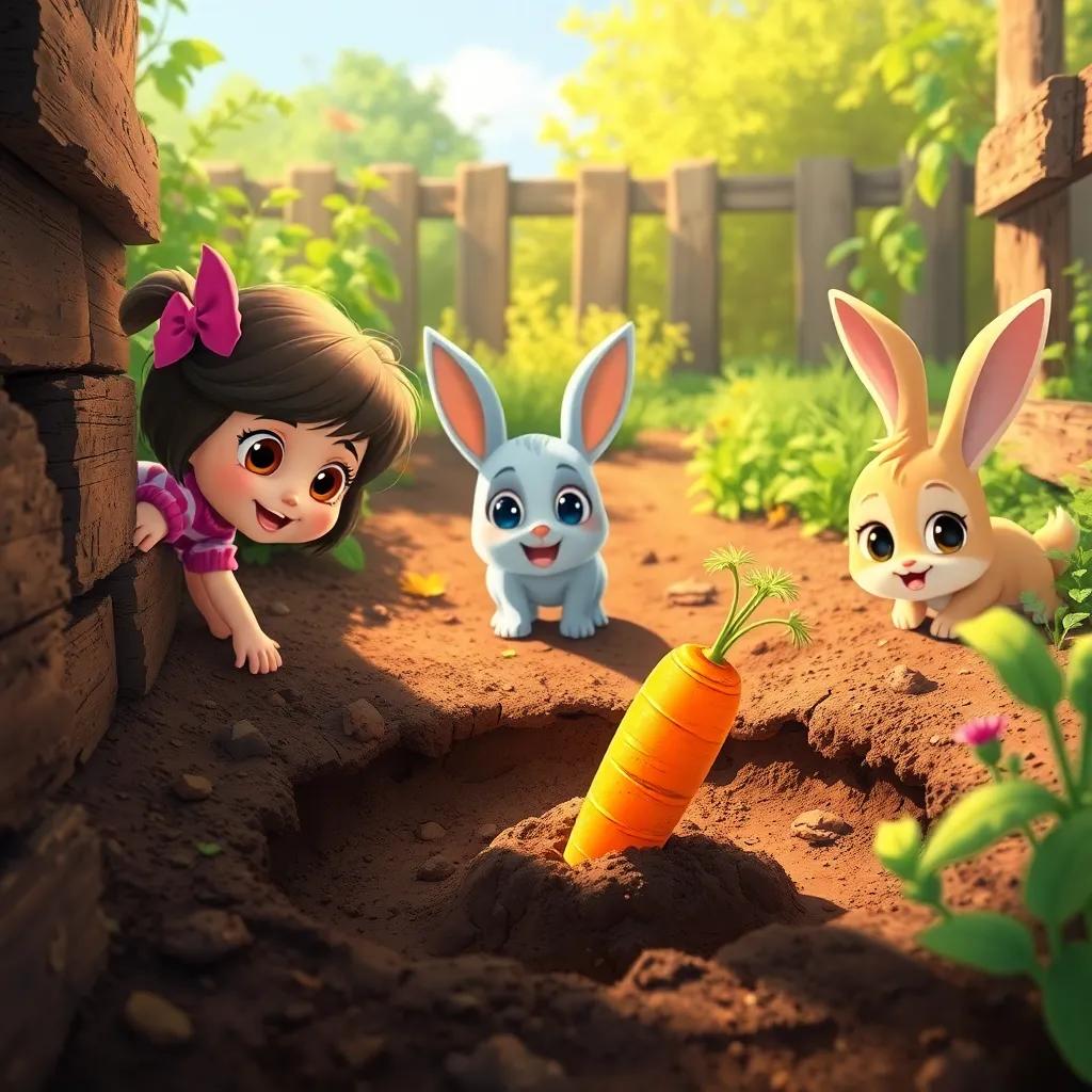 Bella, Sammy, and Lucy exploring deeper into the garden, with a shiny orange carrot in sight partly buried in muddy soil, excitement in the air, illustration, vibrant details, child-friendly