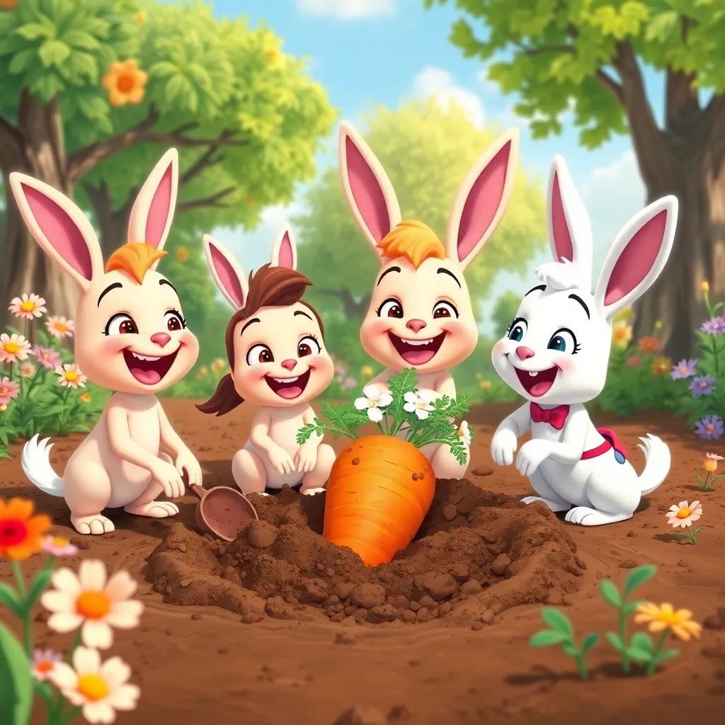 Bella, Sammy, and Lucy laughing and digging in the mud, surrounded by flowers and trees, with smiles on their faces as they discover the big carrot, playful and bright, child-safe, detailed