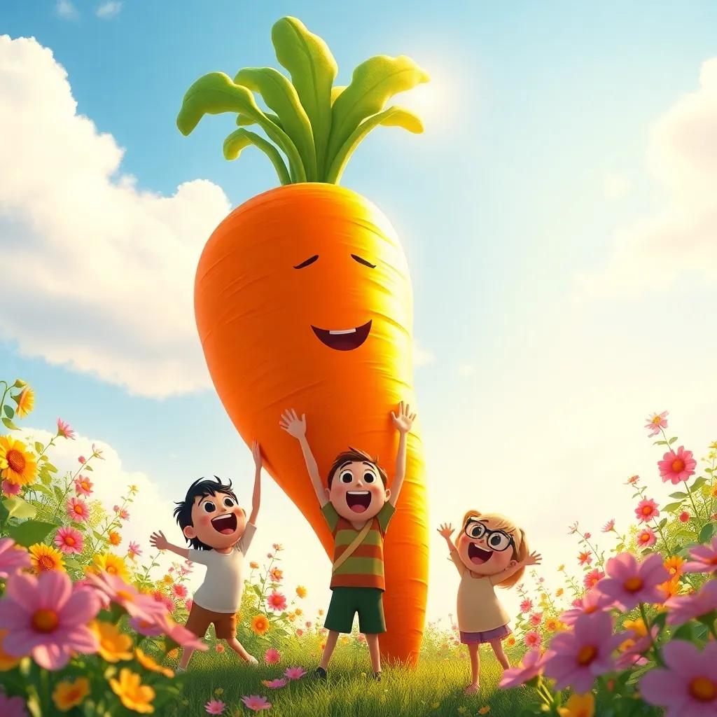 The giant carrot, bright orange and shining in the sun, held up by the three friends with joy, surrounded by flowers and greenery, celebration scene, joyful, colorful, high quality