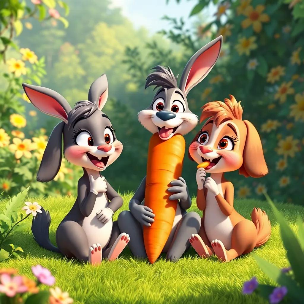 Bella, Sammy, and Lucy sitting together and sharing the big carrot, taking bites with happy expressions, in the lush garden filled with colors, cheerful light, whimsical style, heartwarming