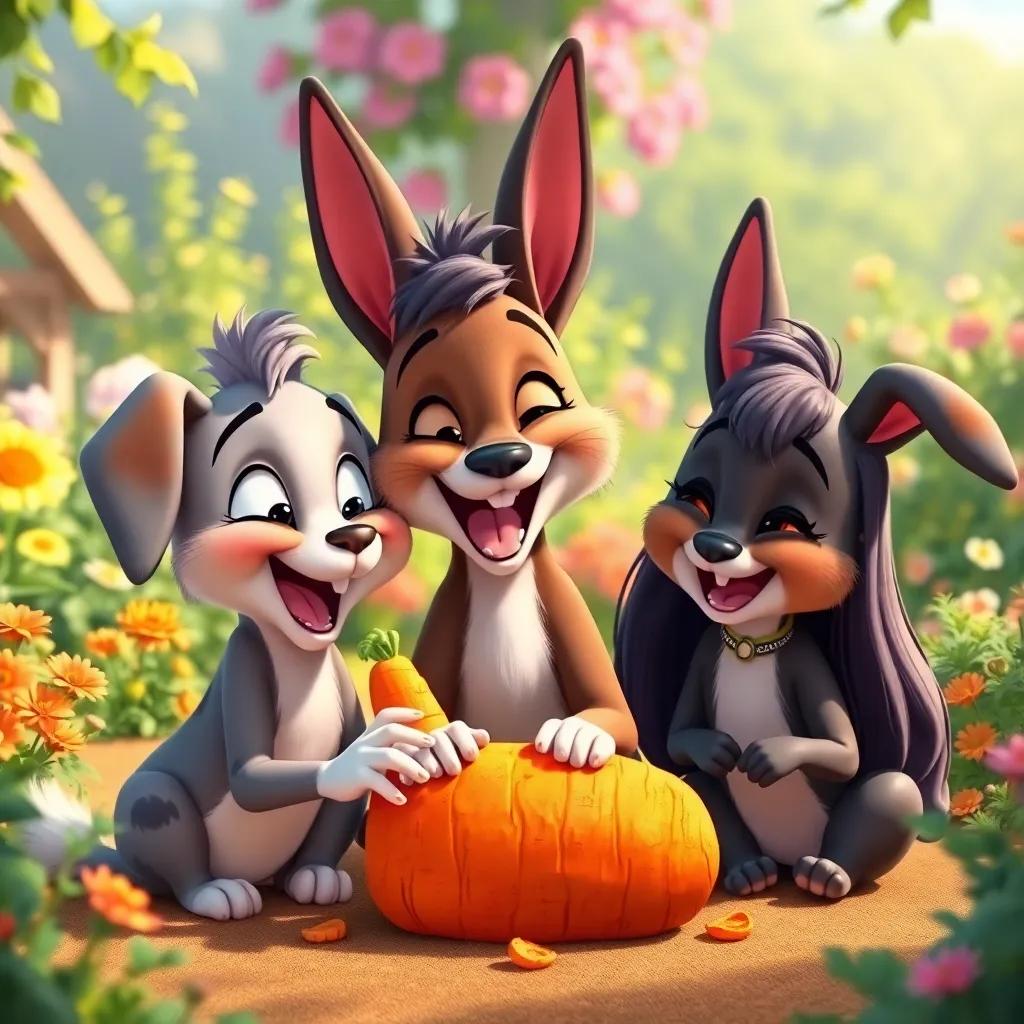 A joyful scene of Bella, Sammy, and Lucy enjoying their crunchy carrot, with laughter and joy, surrounded by vibrant garden scenery, warm colors, inviting atmosphere, illustrative style