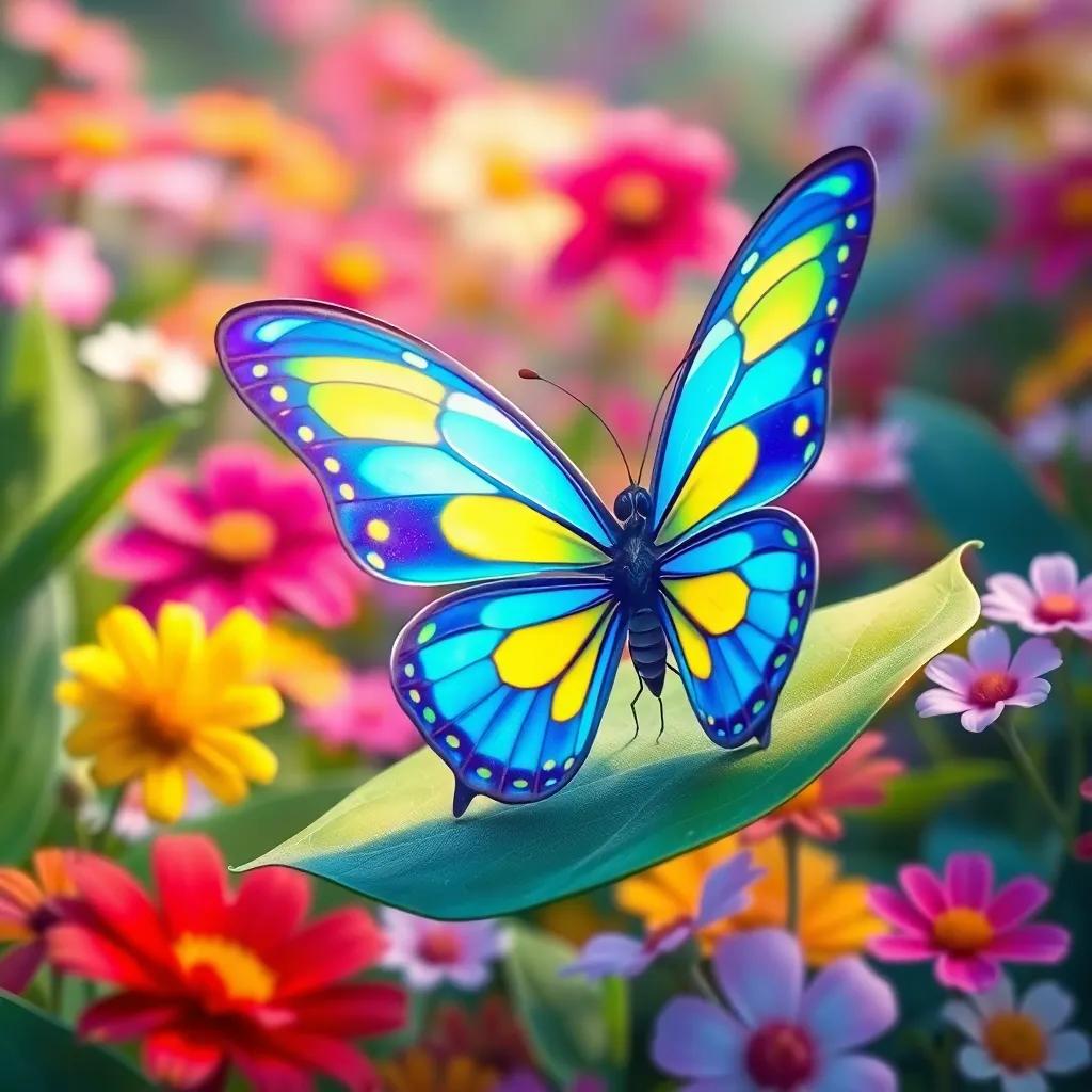 A bright butterfly named Benny, with shiny blue and yellow wings, sitting on a green leaf in a colorful garden filled with flowers, digital art, vibrant colors, cheerful atmosphere, high quality
