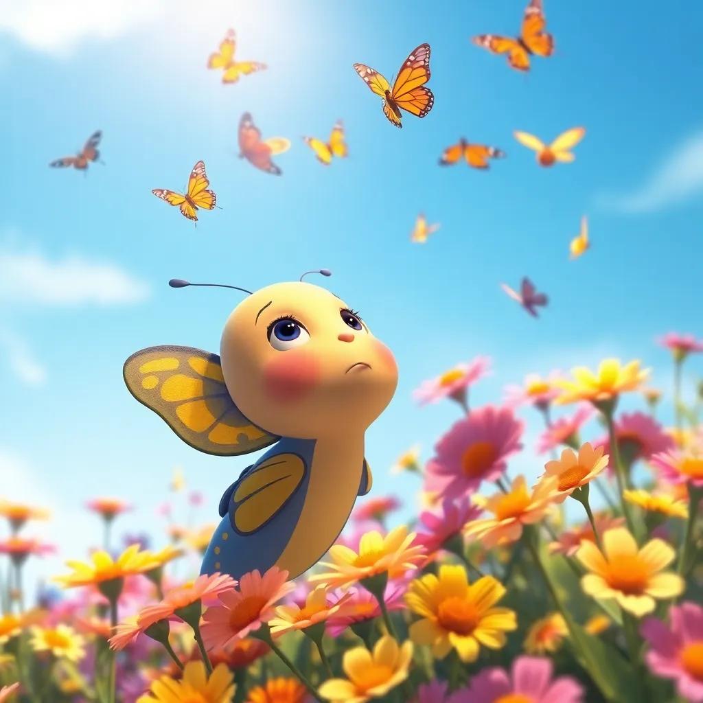 Benny, a little blue and yellow butterfly, looking up at other butterflies flying in the blue sky, feeling sad, surrounded by colorful flowers, illustration, warm sunlight, inviting mood, high quality