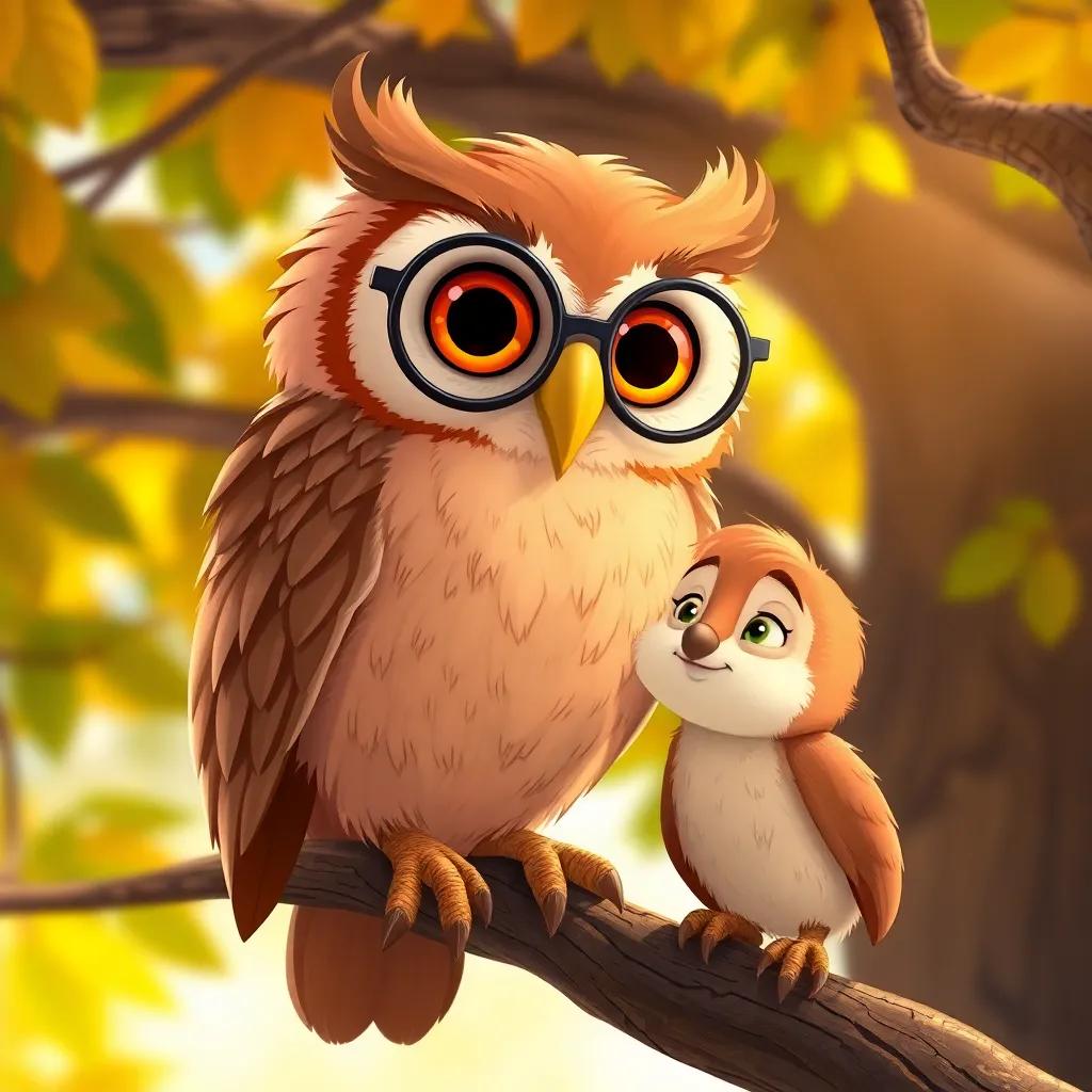 A wise owl named Bella, with big round glasses and soft feathers, perched on a tree branch, smiling down at Benny, who looks thoughtful, detailed illustration, warm colors, friendly scene, high quality