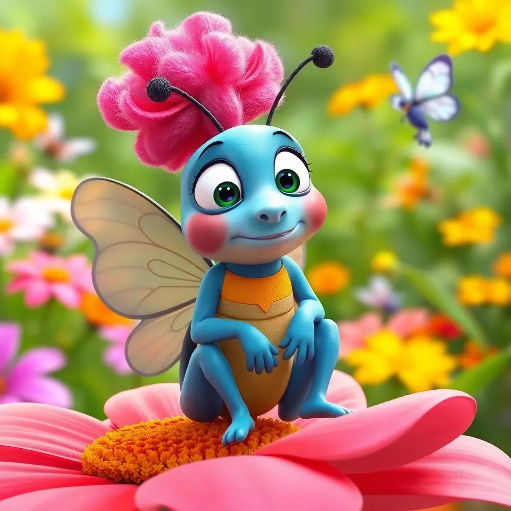 Benny the butterfly, nervous but determined, sitting on a flower petal before taking off, the garden in the background with fluttering friends, joyful atmosphere, bright colors, high quality