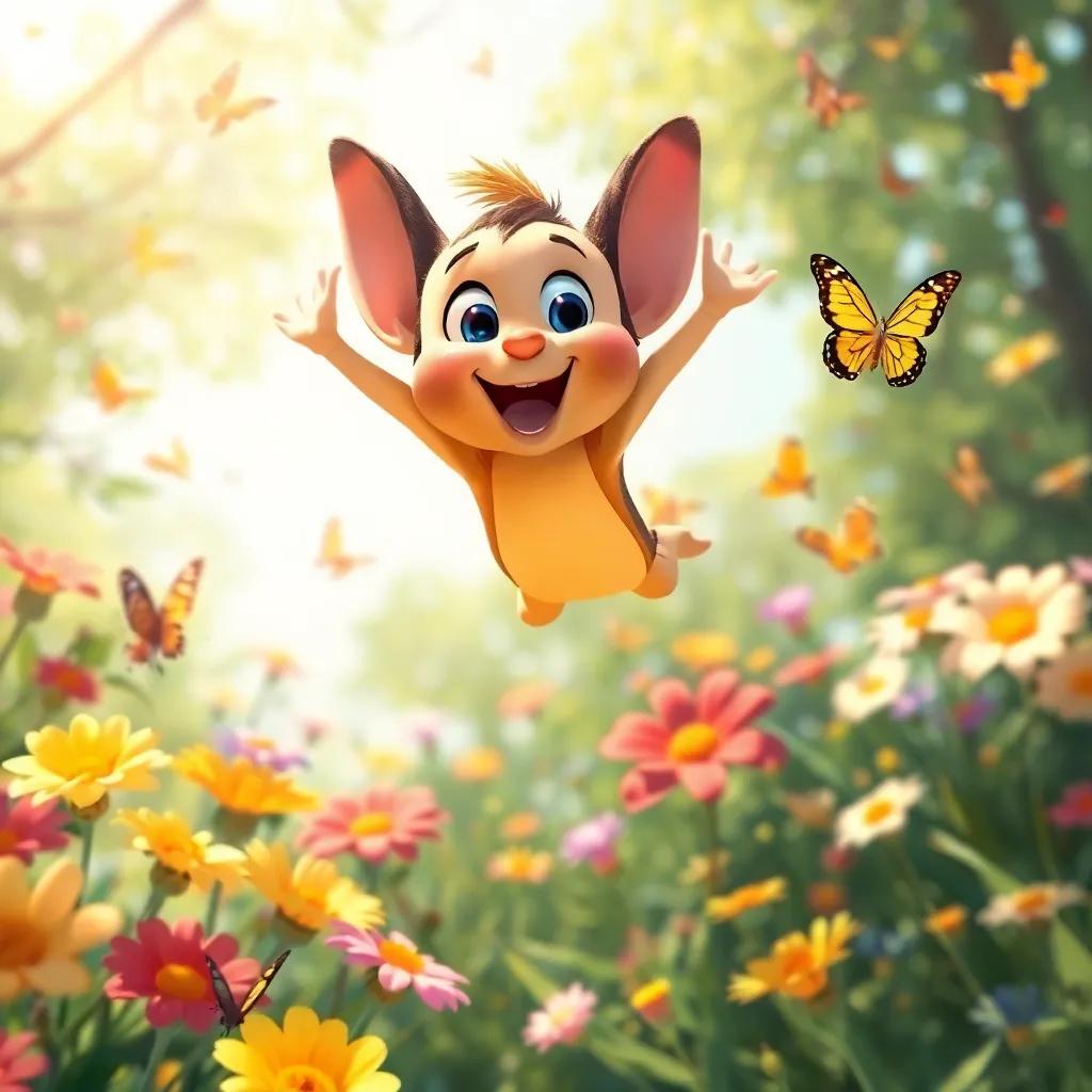 Benny leap-flying above the flowers, looking surprised and joyful, the garden bright and sunny, butterflies fluttering around, enchanting scene, digital painting, colorful and happy, high quality