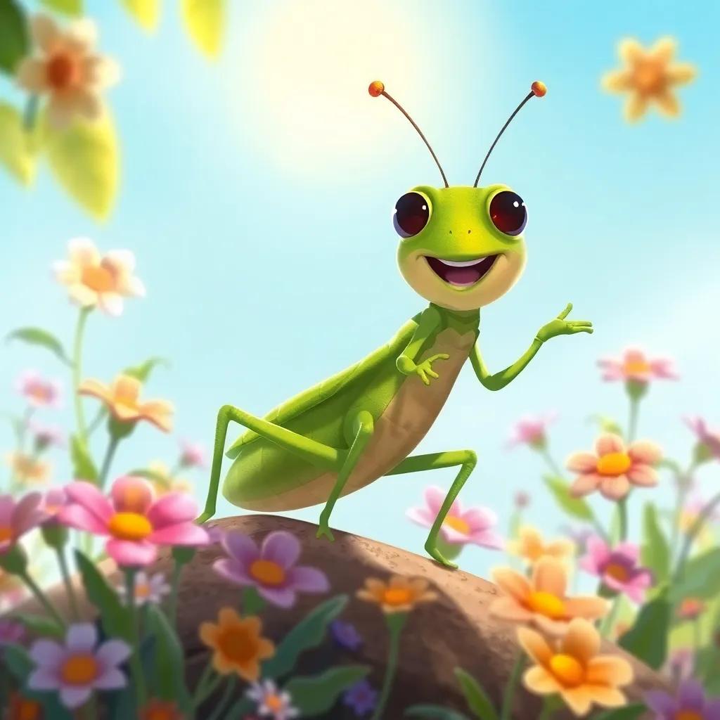 A grasshopper named Greg, green and playful, cheering for Benny as he flies, surrounded by flowers and sunshine, illustration, lively colors, supportive atmosphere, high quality