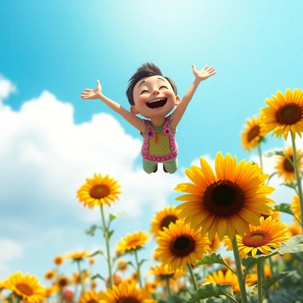Benny, now flying higher, smiling with joy, soaring over colorful flowers and tall sunflowers under a bright blue sky, uplifting scene, detailed digital art, bright colors, whimsical atmosphere, high quality