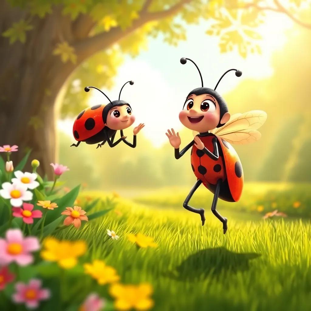 A ladybug named Tilly clapping happily for Benny as he zooms past, flowers and trees in the background, warm sunlight shining, illustration, cheerful colors, supportive vibe, high quality
