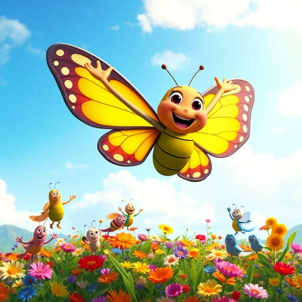 Benny the butterfly, proudly flying high in the sky with confidence, surrounded by cheering friends below, colorful garden sprawling beneath him, triumphant scene, digital art, bright and colorful, high quality