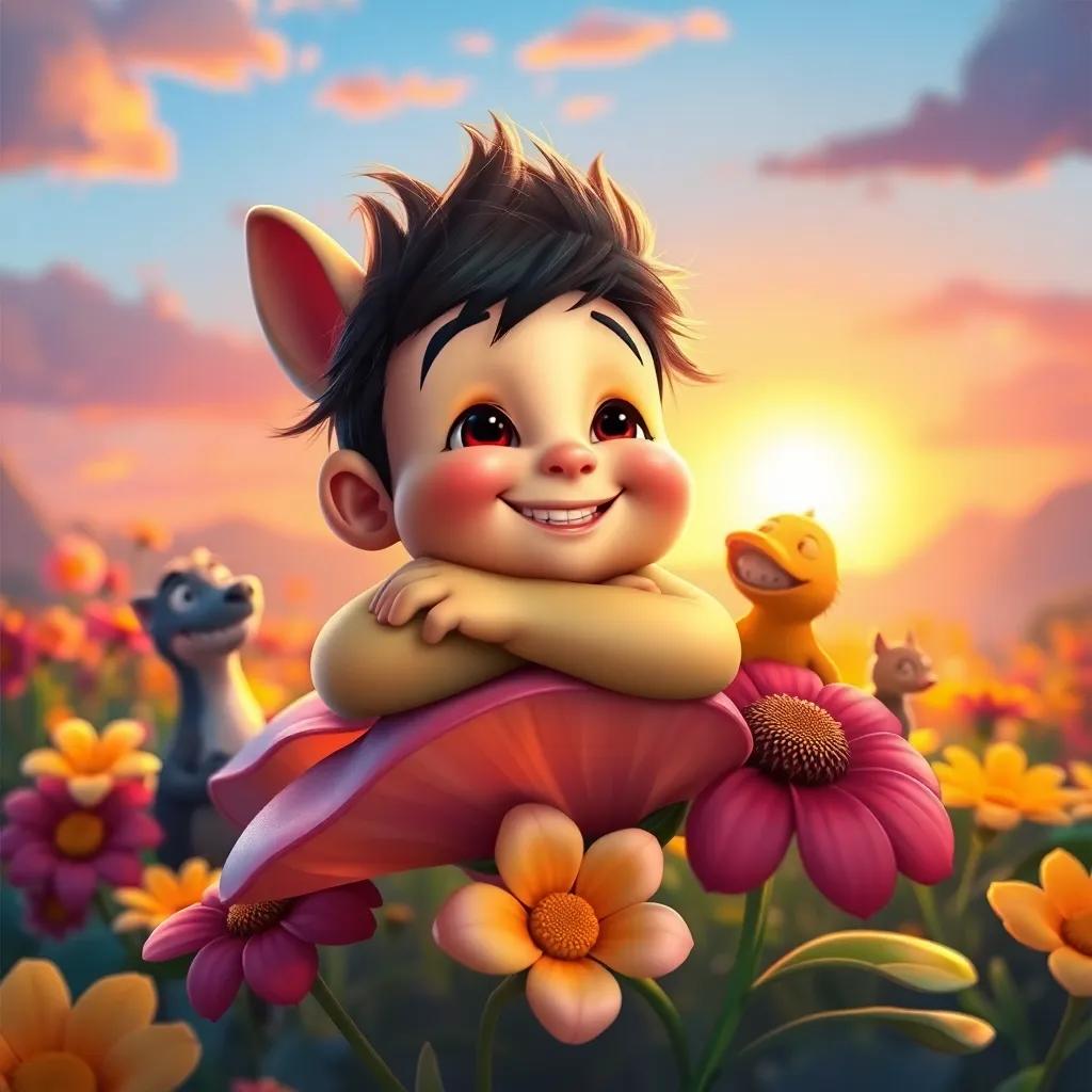 Benny resting on a flower with a big smile, looking at his friends, surrounded by a bright, colorful garden as the sun sets, heartwarming atmosphere, digital painting, warm tones, joyful scene, high quality