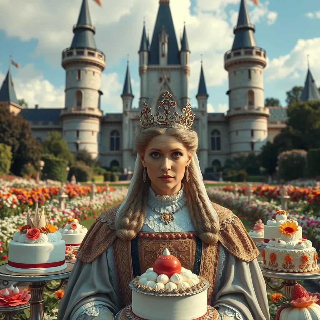 A grand castle with tall towers and a beautiful garden filled with flowers. Queen Clara, a kind-looking woman with a crown, surrounded by cakes of all shapes and sizes.