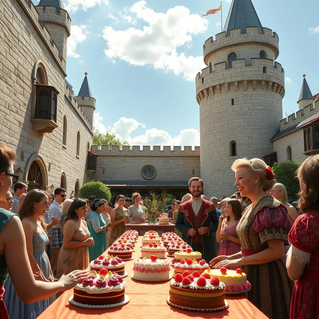 A sunny day in the castle courtyard. A long table filled with colorful cakes, with happy townspeople excitedly observing. Queen Clara smiling and greeting her guests.