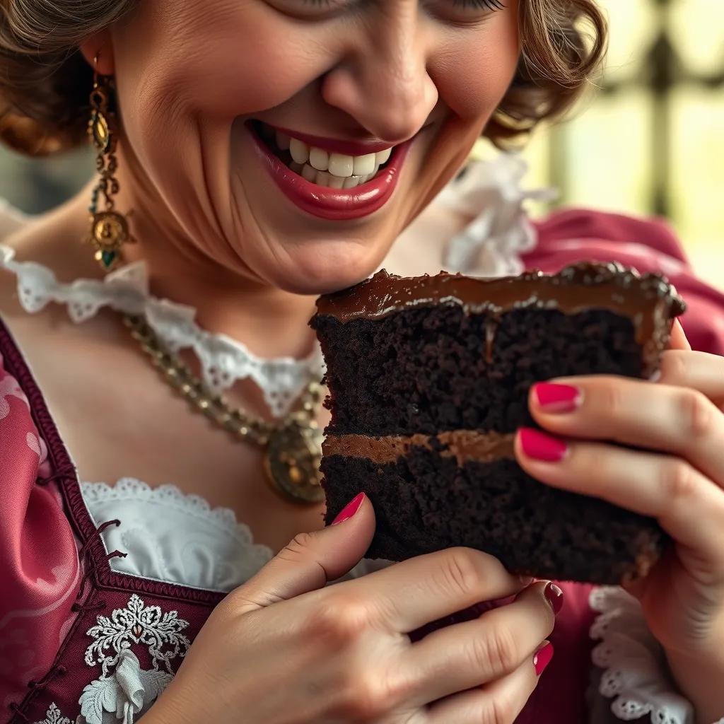 A close-up of Queen Clara eating a large piece of chocolate cake, looking joyful at first, then concerned as her hand goes to her stomach.