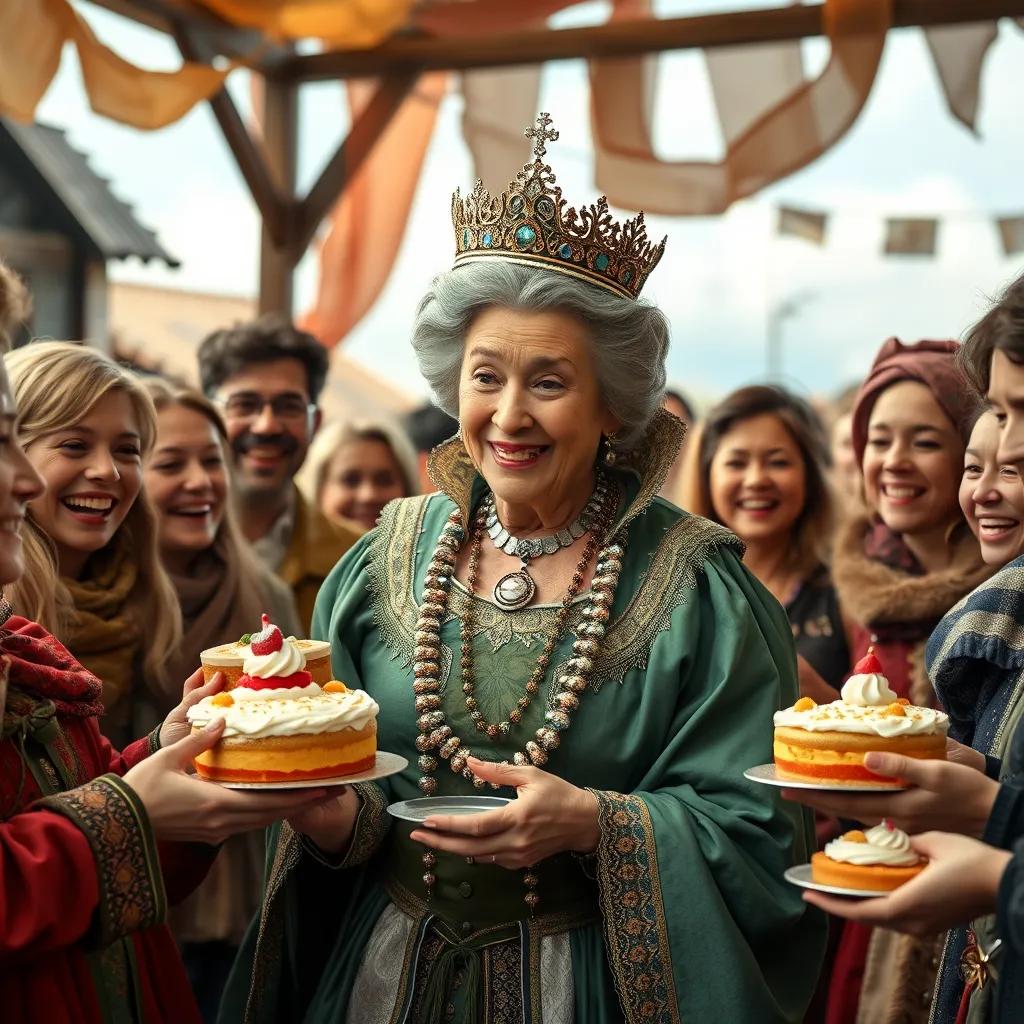 The scene shows the queen wobbling a bit as townspeople gather around her, offering their cakes. All are smiling and laughing, encouraging her to join in the fun.