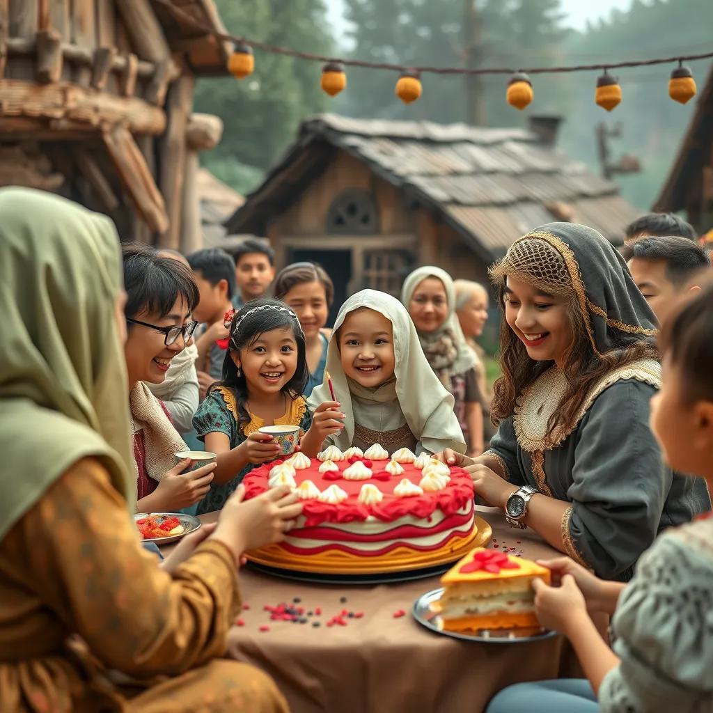 A joyful scene of everyone in the village sharing cakes together, playing games, and celebrating. Queen Clara is smiling, realizing the joy of sharing.