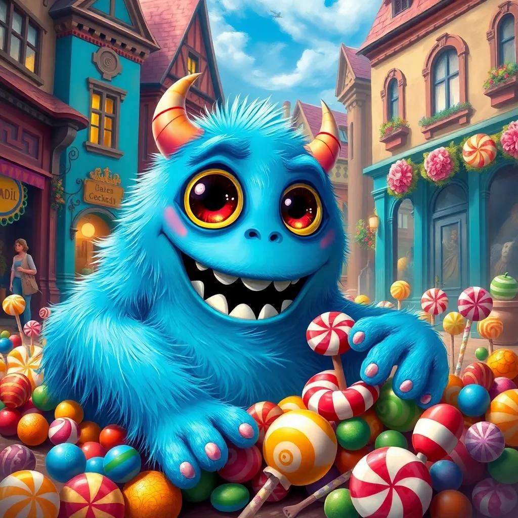 A friendly, large blue monster named Candi, sitting amongst colorful candies in a vibrant town square, cheerful atmosphere, bright colors, joyful scene, digital art, high quality