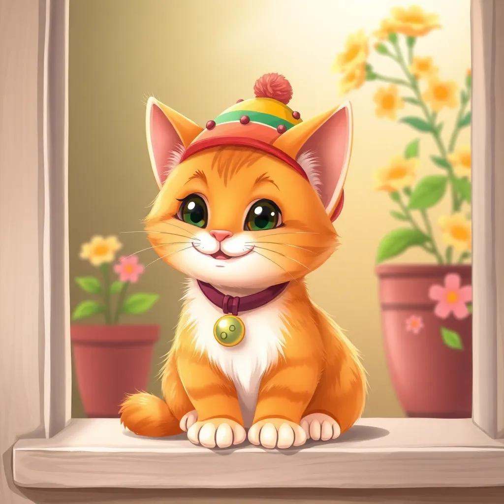 A playful cat, Whiskers, with soft orange fur, wearing a colorful cap with a shiny bell, sitting on a cozy windowsill with blooming flowers outside, digital art, cheerful, warm colors, inviting atmosphere, high quality