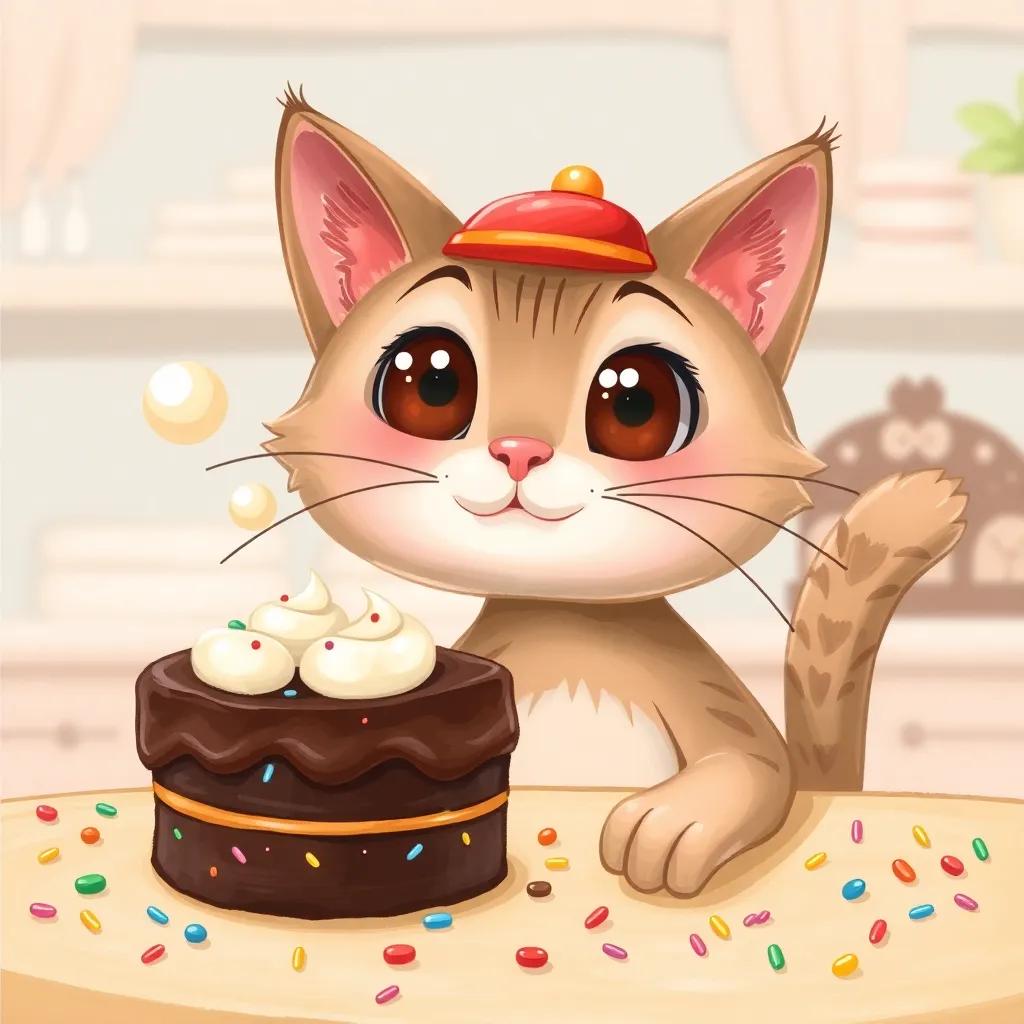 Whiskers the cat, with big round eyes and a jingly cap, dreaming about a delicious chocolate cake with creamy icing, surrounded by colorful sprinkles in a bakery, illustration, lively, sweet treat theme, child-friendly