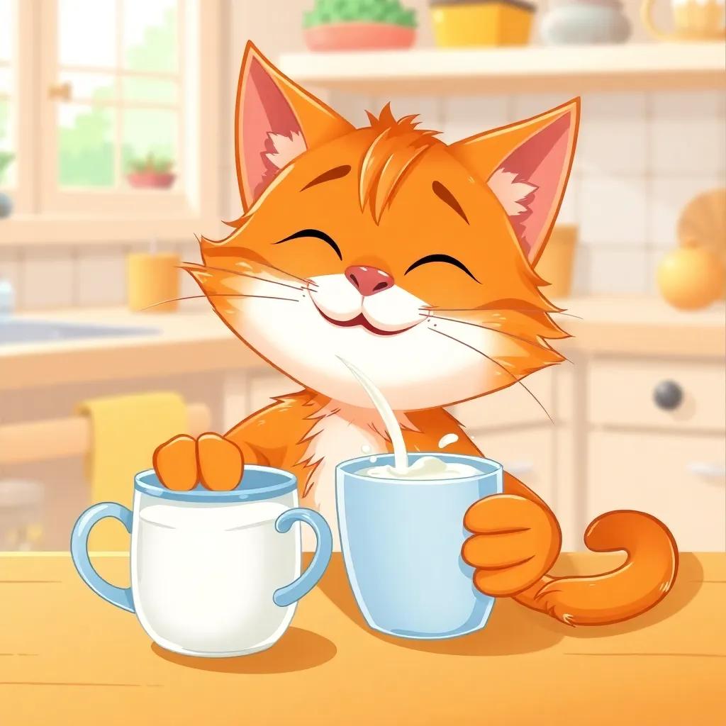 Whiskers the cat, with orange fur, drinking fresh milk from a cup on a kitchen table, with a playful smile on his face, bright kitchen background, illustration, cozy, warm light, charming atmosphere, high quality