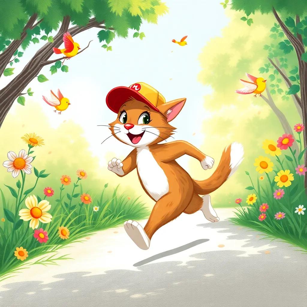 Whiskers, the cap-wearing cat, running joyfully down a sunny path, his cap bouncing along, passing by flowers and cheerful birds, vibrant colors, nature-filled scene, uplifting