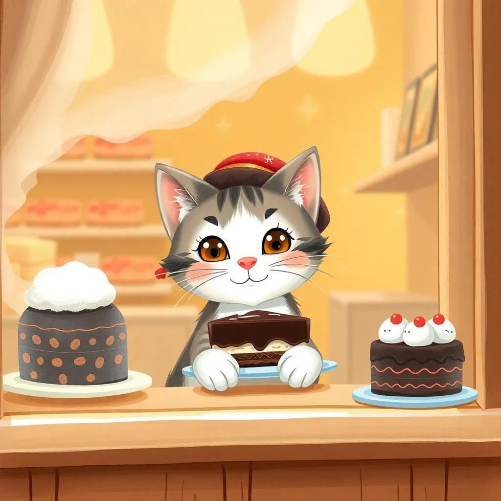An adorable cat, Whiskers, peeking through the window of a bakery, his jingly cap sparkling, surrounded by the smell of delicious chocolate cake, warm and inviting, heartwarming detail, cheerful lighting, high quality