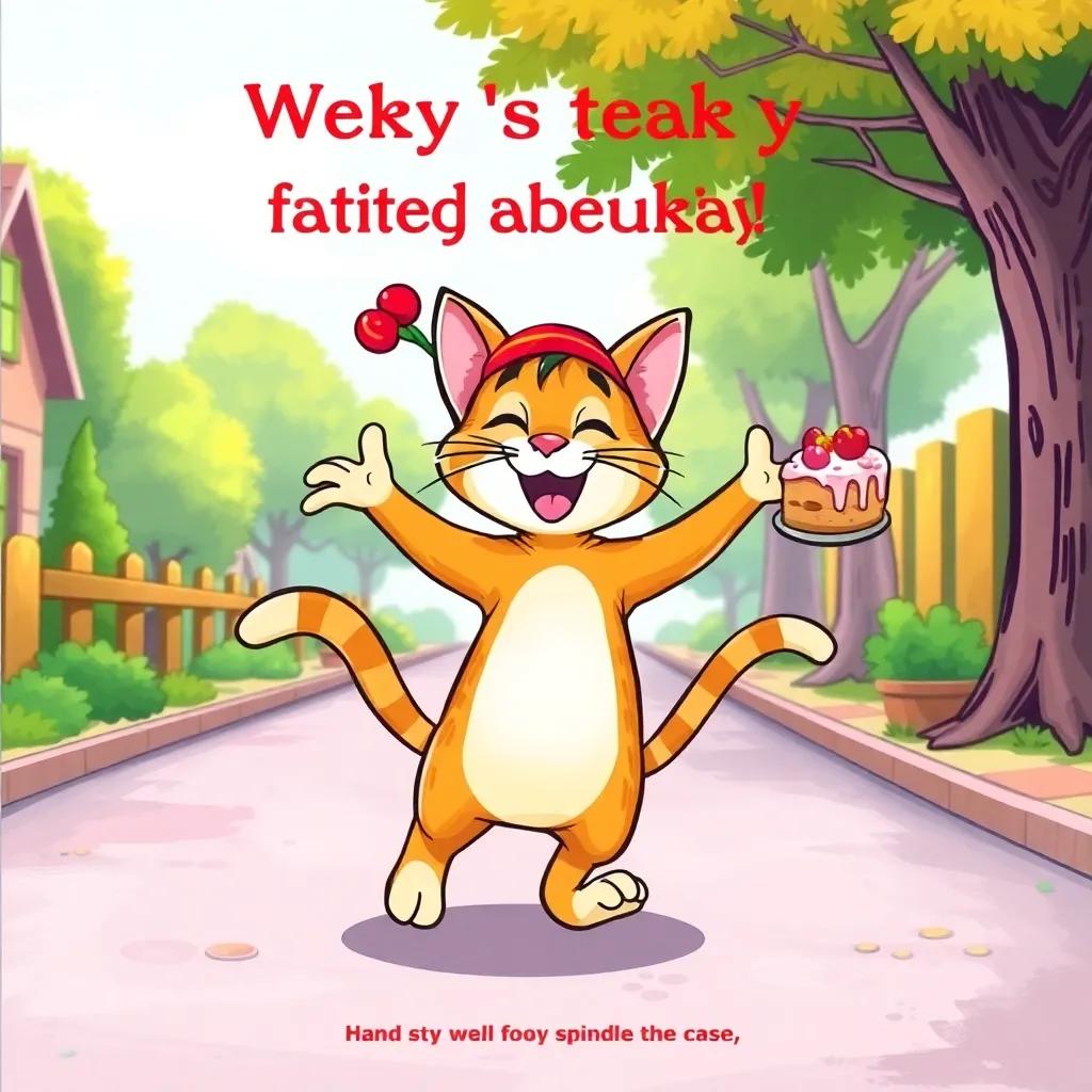 Whiskers, the happy cat, dancing down the street after eating cake, wearing his jingle cap proudly, with a joyful smile on his face, colorful path and trees around, energetic scene, bright and lively, high quality