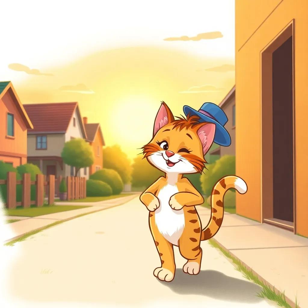 Whiskers, the playful cat, returning home with a satisfied look, his cap bouncing on his head, the sun setting, cozy neighborhood backdrop, warm light, heartwarming imagery, high quality