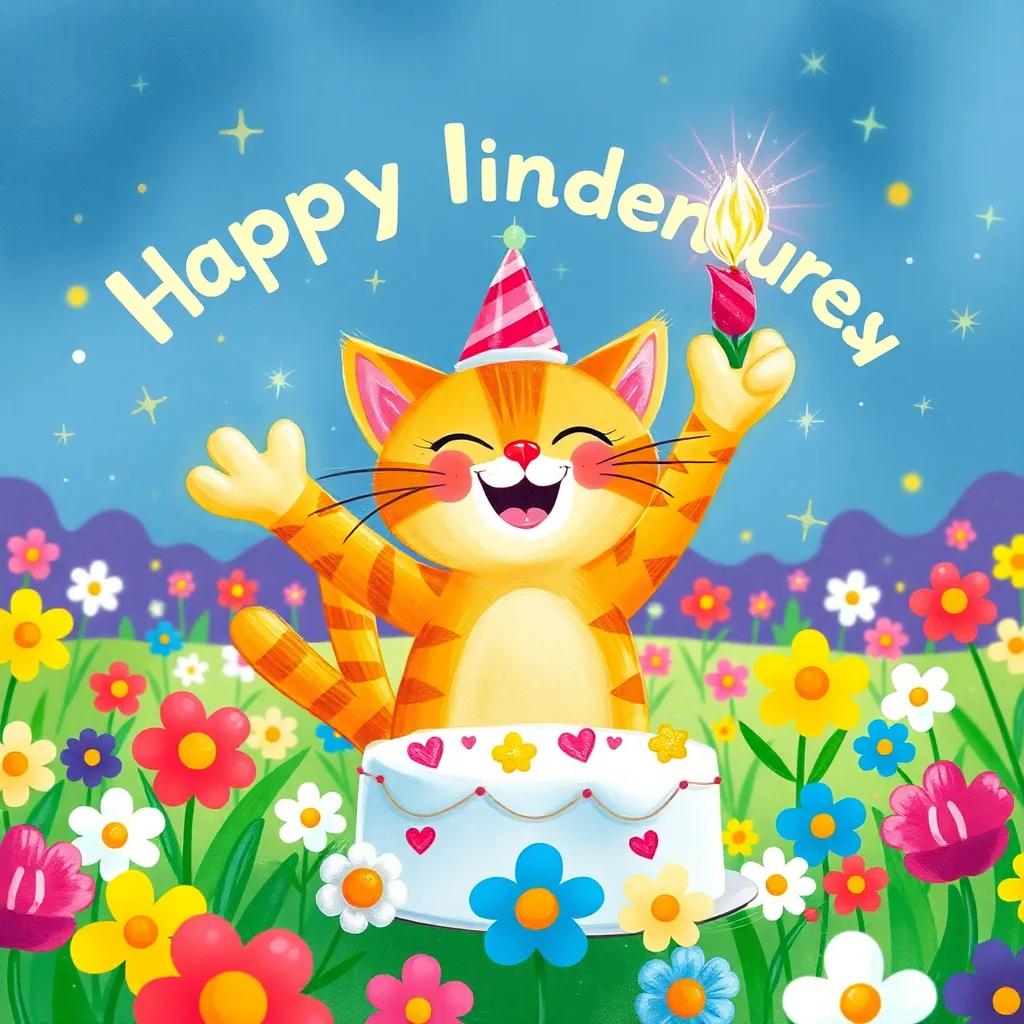 A cheerful cat, Whiskers, celebrating his cake adventure in a field of colorful flowers, with sparkles around him, energetic and magical feel, colorful atmosphere, bright light, child-friendly