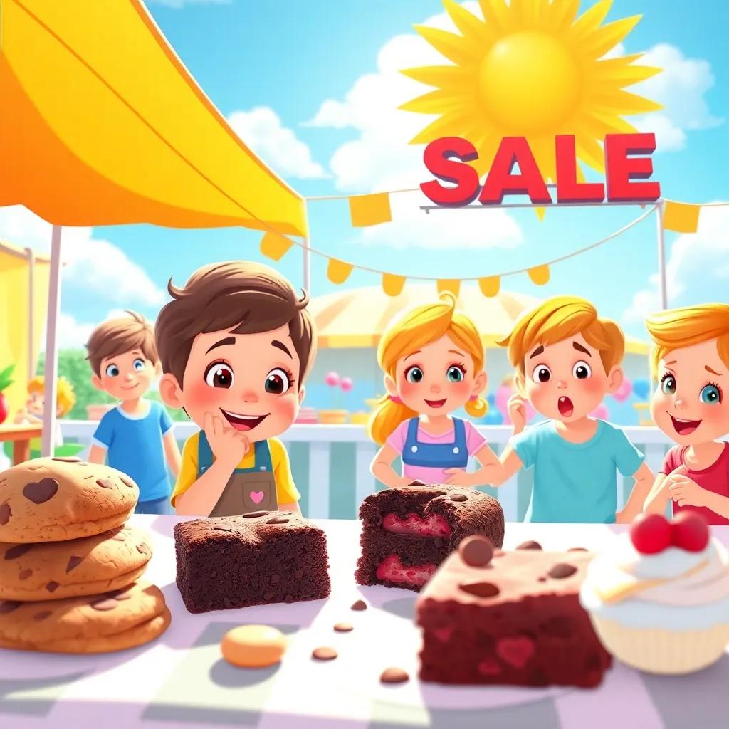 A bright and sunny day at the bake sale with cookies, brownies, and a missing cupcake, children excitedly looking around, vibrant colors, cheerful atmosphere
