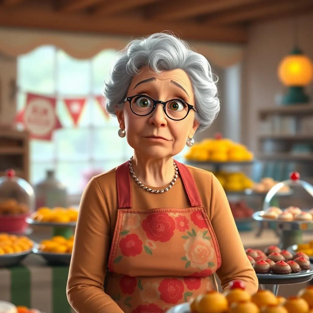 Mrs. Gilly, a kind older woman with a floral apron, looking puzzled at the bake sale table, colorful baked goods in the background, warm light, friendly mood