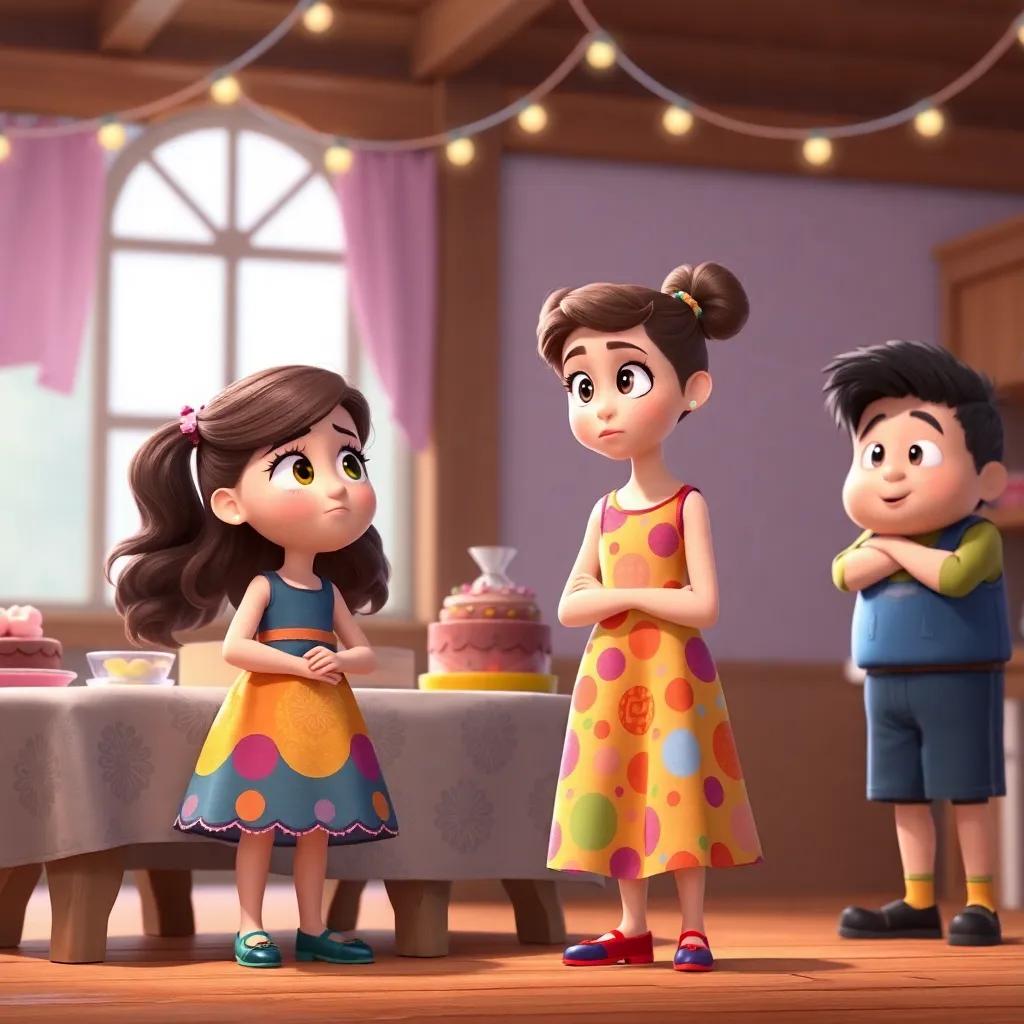Sophie, a girl in a colorful dress, looking nervously at Mia and Jake, standing close to the bake sale table with curious expressions, fun and animated