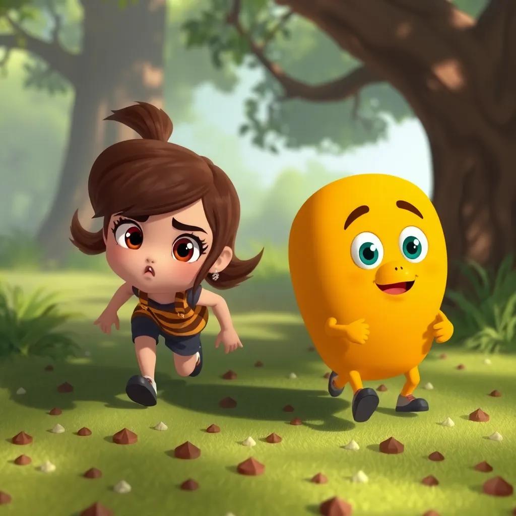 Mia and Jake with determination on their faces, followed by chocolate sprinkles on the ground, searching the shady tree area, adventurous and suspenseful scene