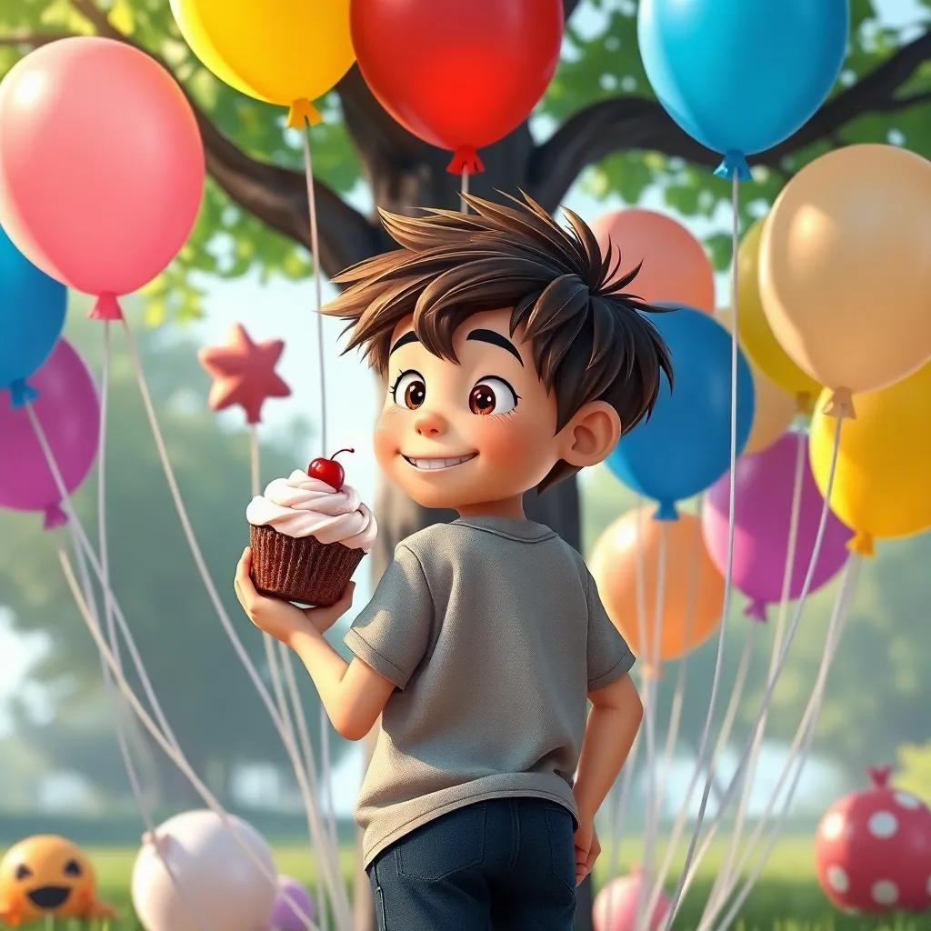 Billy, a boy with messy hair holding a half-eaten cupcake behind his back, surrounded by colorful deflated balloons under the tree, playful and cheerful vibe