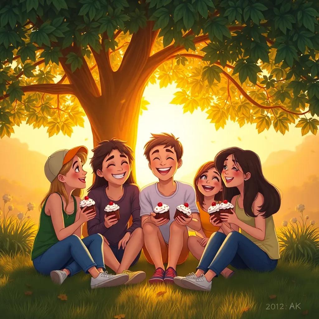 The group of friends sharing cupcakes and laughing under the tree, surrounded by a sunset glow, a warm sense of friendship and joy in the air