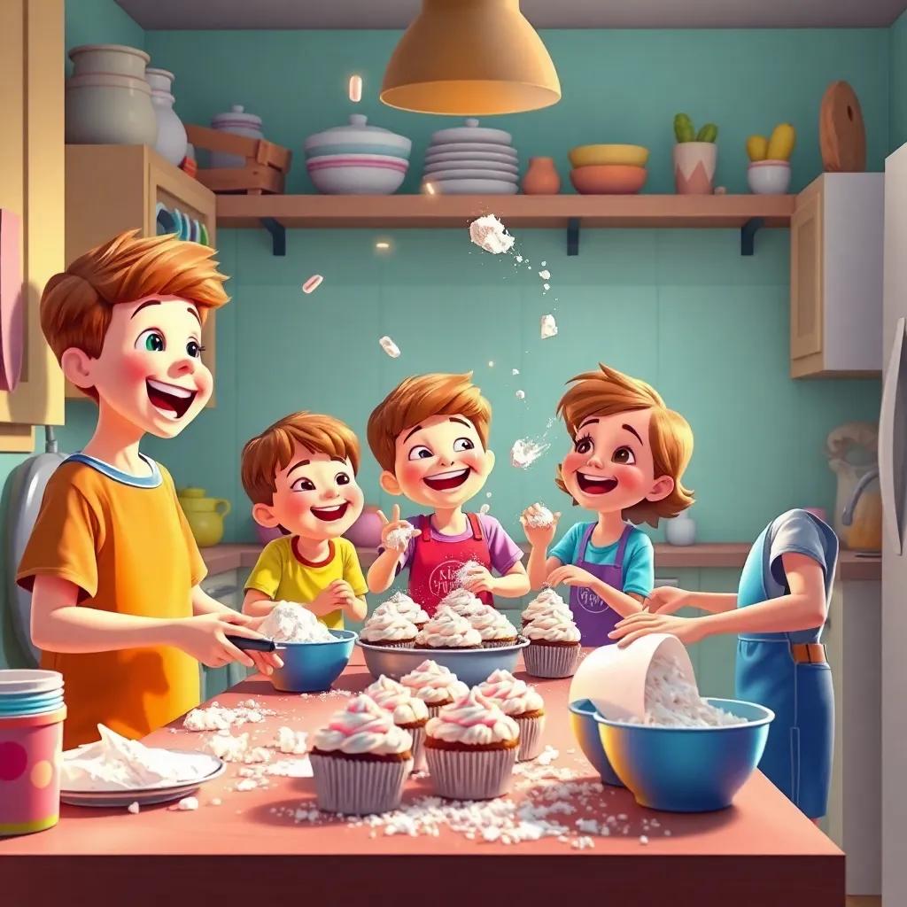 A scene of the kids baking together in a cozy kitchen, flour flying, laughter surrounding them as they create cupcakes, vibrant colors, fun and friendly atmosphere