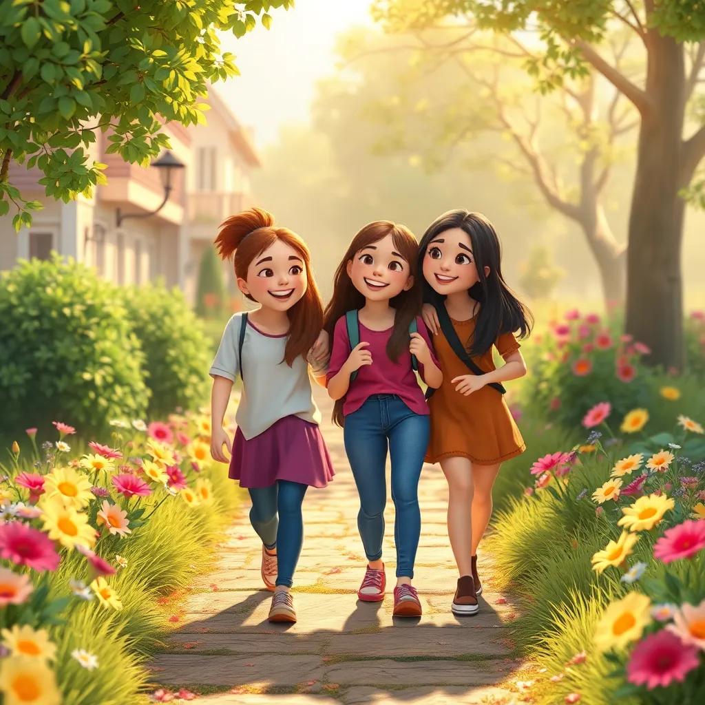 The friends walking home together, with smiles and stories to tell, flowers lining the path, bright and warm light shading their path