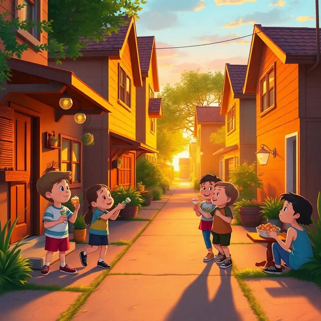 A cozy neighborhood street with children playing and sharing treats, the sun setting in the background, warm and inviting hues, reflecting joy and teamwork