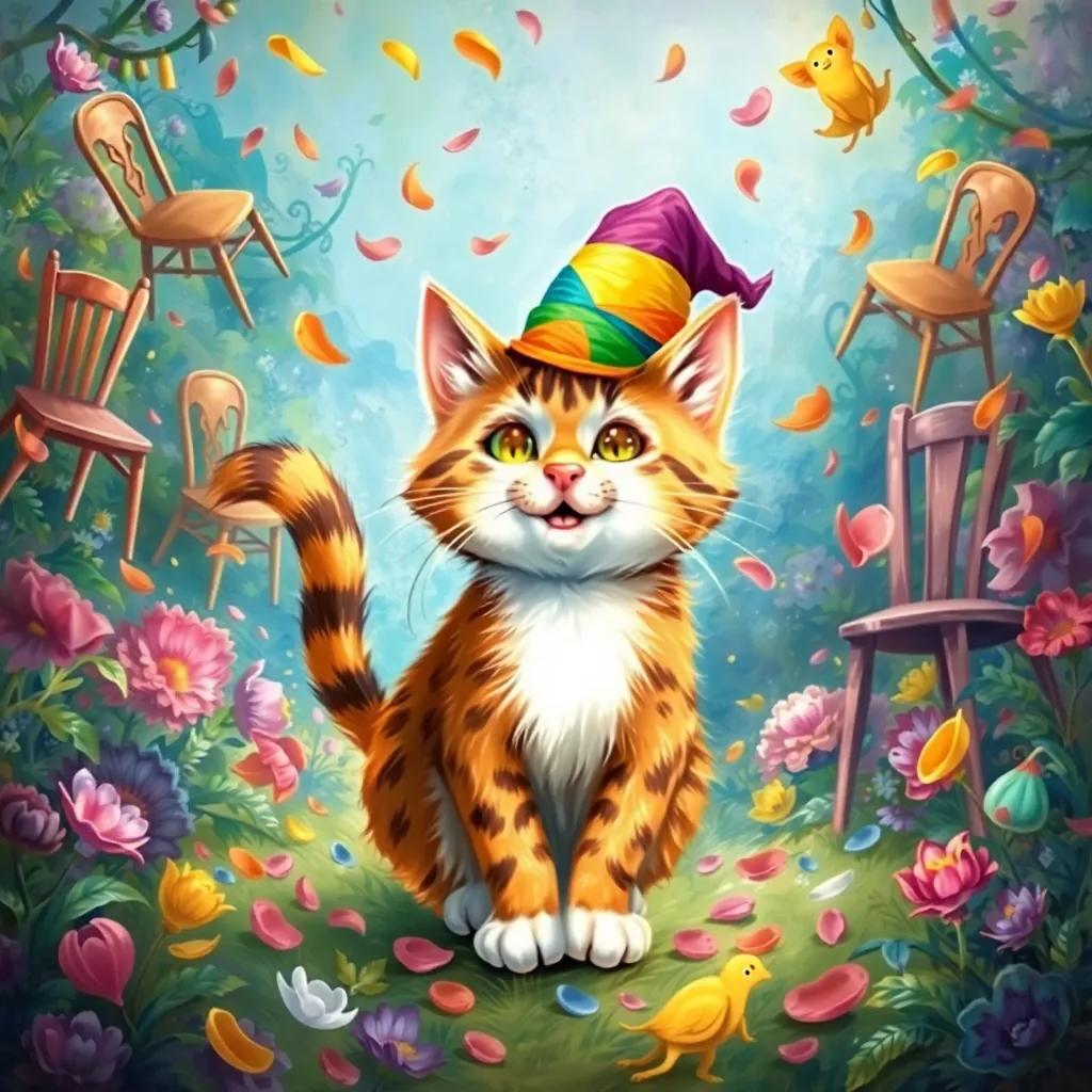 Whiskers, the playful cat with the colorful hat, surrounded by flying chairs and shifting colors, in a chaotic garden scene as petals swirl around, colorful illustration, whimsical, fun, lively, high quality, capturing the excitement and chaos of magic