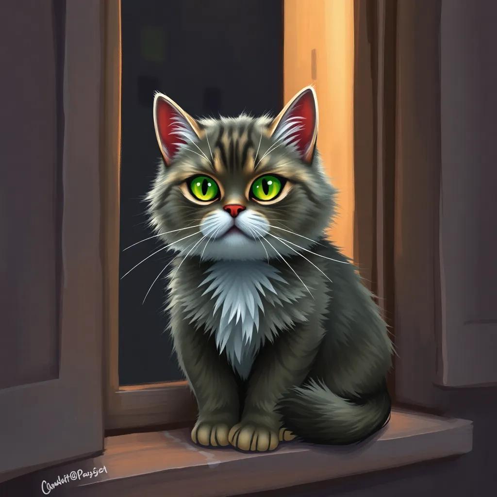 A clever cat named Whiskers with fluffy fur and bright green eyes, sitting on a windowsill of a big old house, looking out with a frown, digital art, soft colors, cozy atmosphere, high quality
