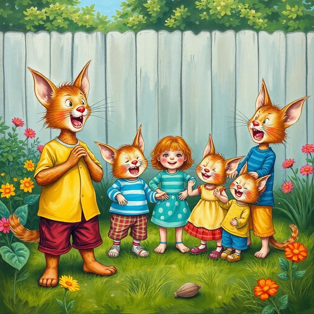Whiskers, imagining a noisy human family playing in the garden, with colorful clothes and laughter, showing their clumsiness, illustration, cheerful, engaging view, child-friendly