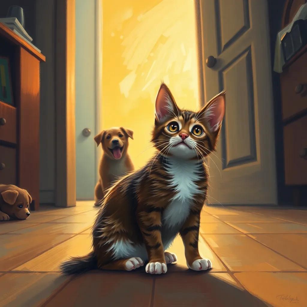 Whiskers startled by a loud dog barking outside, with her fur puffed up and wide eyes, sitting on the floor in the house, digital painting, warm light, dramatic scene