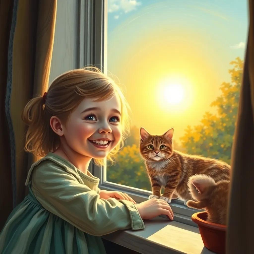 The little girl discovering Whiskers on the windowsill, with excitement in her eyes and a friendly smile, the sun shining in the background, high quality, inviting atmosphere