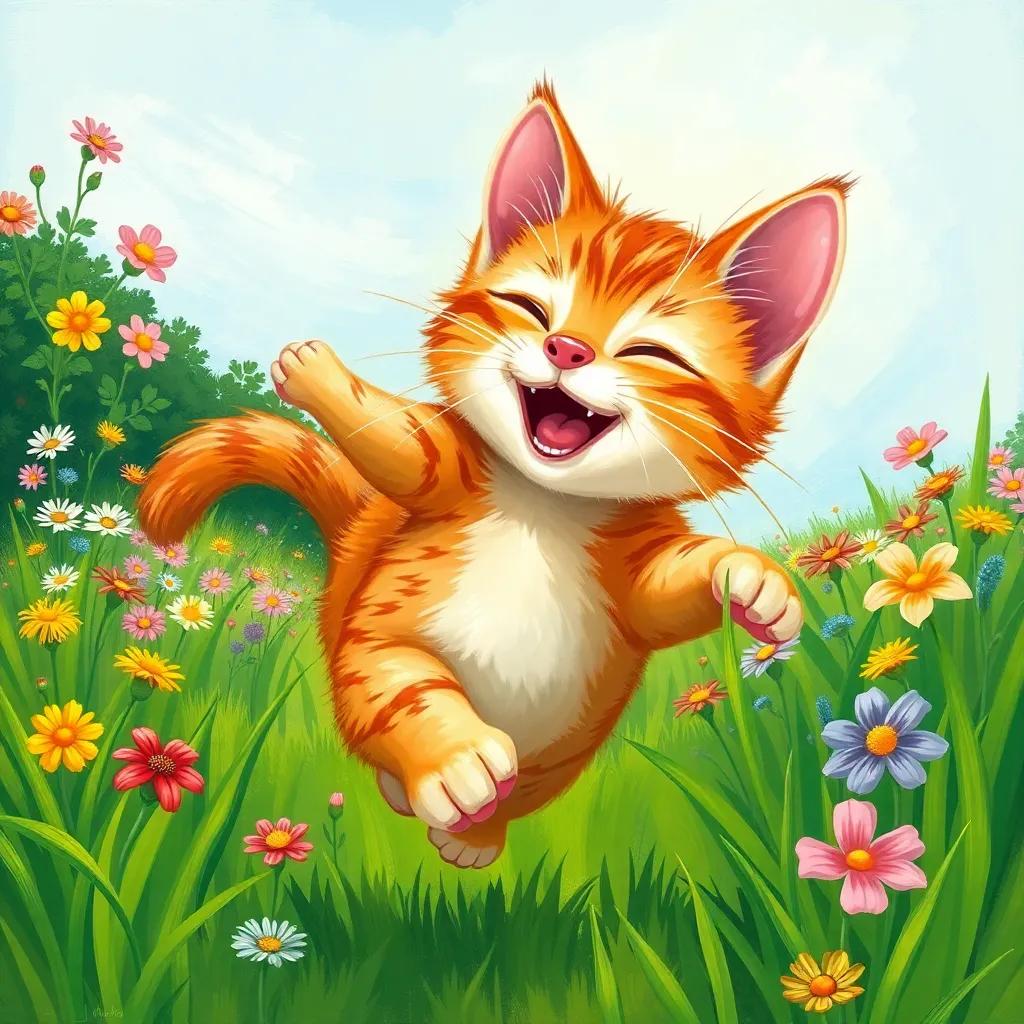 Whiskers enjoying the feeling of fresh air outside, running through green grass with a happy expression, colorful flowers around her, illustration, joyful, lively scenery