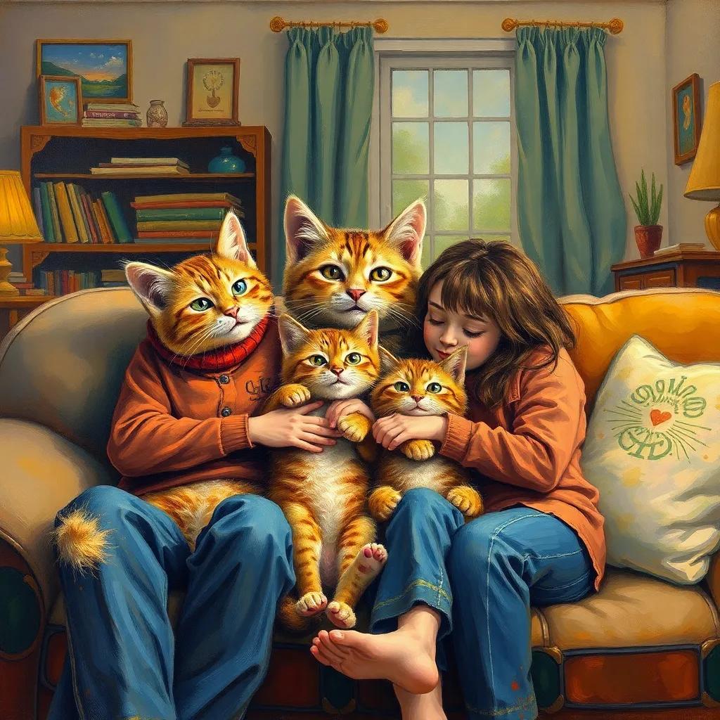 Whiskers returning home proudly, with the family sitting together on the couch, hugging each other, warm and cozy ambiance, emotional connection