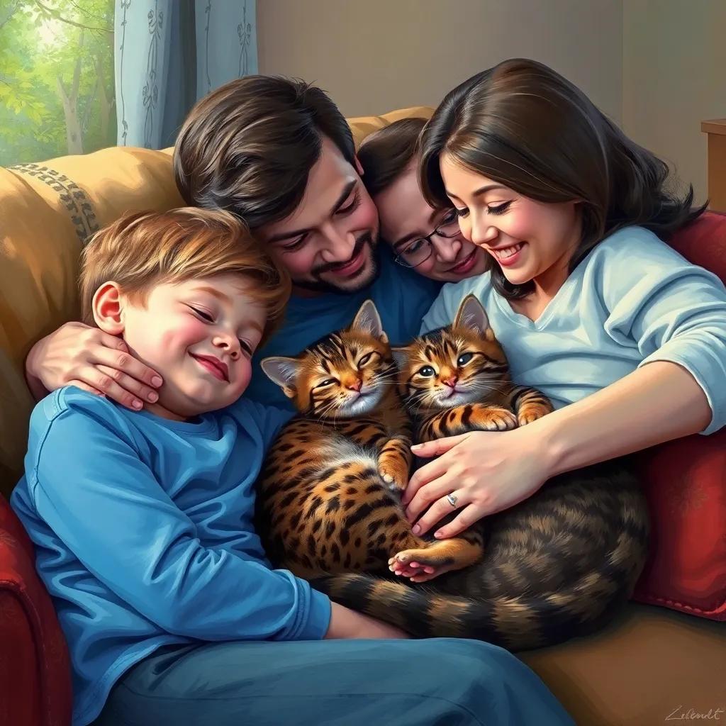 Whiskers happily curled up on the couch with a little girl and her family, receiving gentle petting, with a look of contentment, digital art, heartwarming scene, rich colors