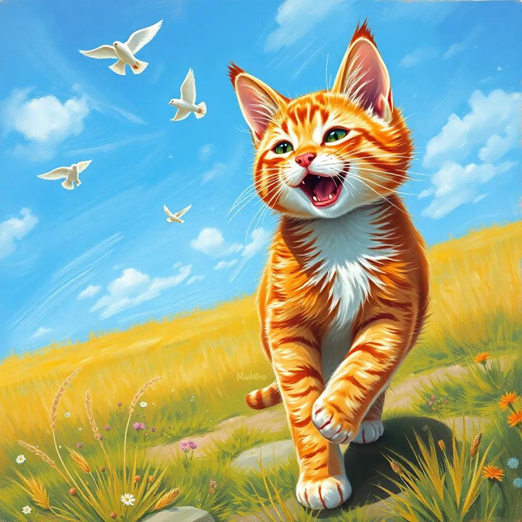Whiskers dashing about outside, discovering the world around her, with clear blue skies and birds in the distance, joyful, vivid scenery